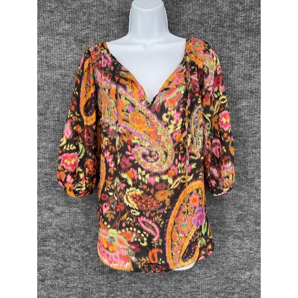 Lauren Ralph Lauren Blouse Womens S Multicolor Silk Paisley 3/4 Sleeve Tunic Top